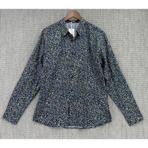 Jogal Shirt Mens Size Medium Navy Yellow Long Sleeve Button Down Floral Cotton